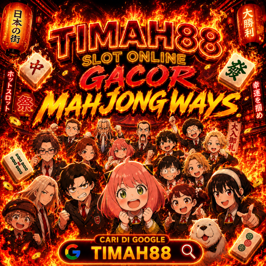 TIMAH88 gacor Mahjong Ways dengan efek api menyala, karakter anime festival Jepang, slot online terpercaya